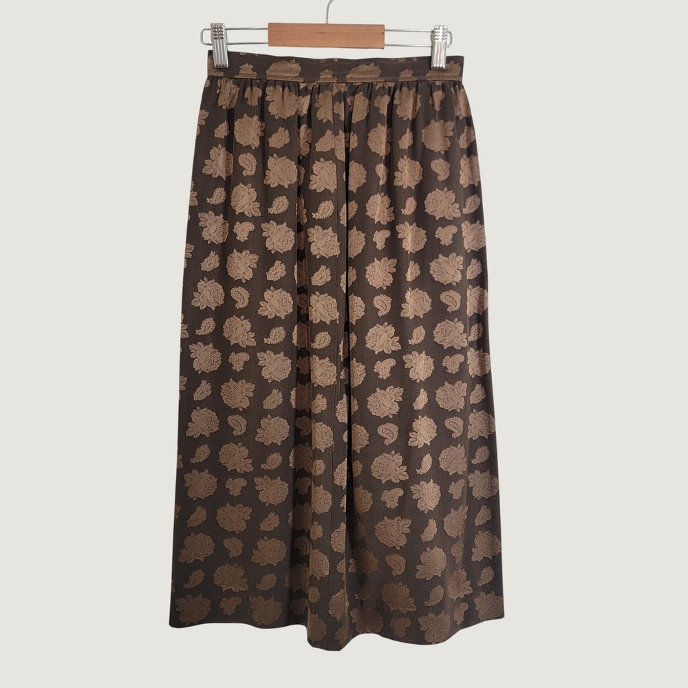 Vintage Chloé 100% Silk Cupro Midi Skirt Brown‎ Floral Paisley Jacquard Sz 40
